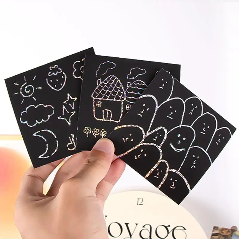 100 Sheets Black Surface Glitter Laser Magic Scratch Paper Art Set with 2 Wooden Stylus for DIY Art Craft Drawing Kids Notepad