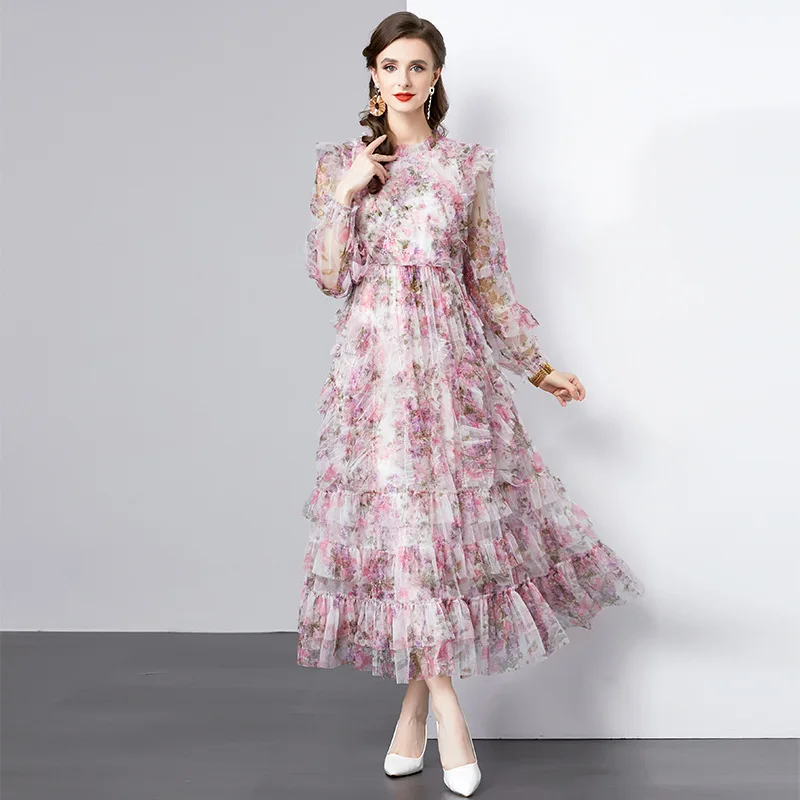 #2321 Mesh Tiered Dress Women Long Sleeve Vintage Floral Printed A-line Dress High Waist Ladies Dresses A-line Thin Perspective