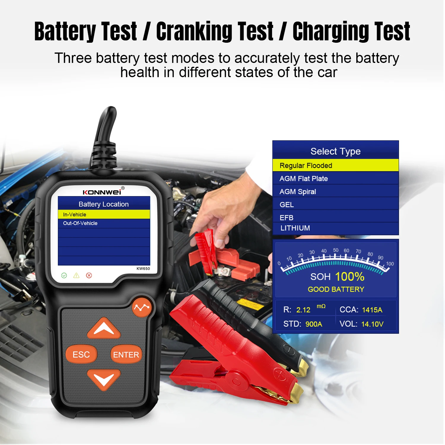 

KW650 Car Moto Battery Tester 6V 12V Auto Battery Analyzer 100 to 2000 CCA Car Moto Cranking Charging Test Tools