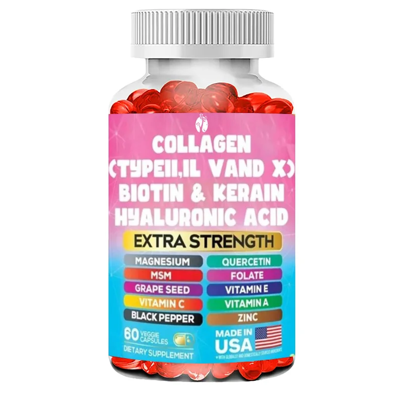 Collagen Peptide Types I, II, III, V, and X, Keratin, Hyaluronic Acid, Zinc, Grape Seed Extract, Quercetin, Vitamin A, Vitamin C
