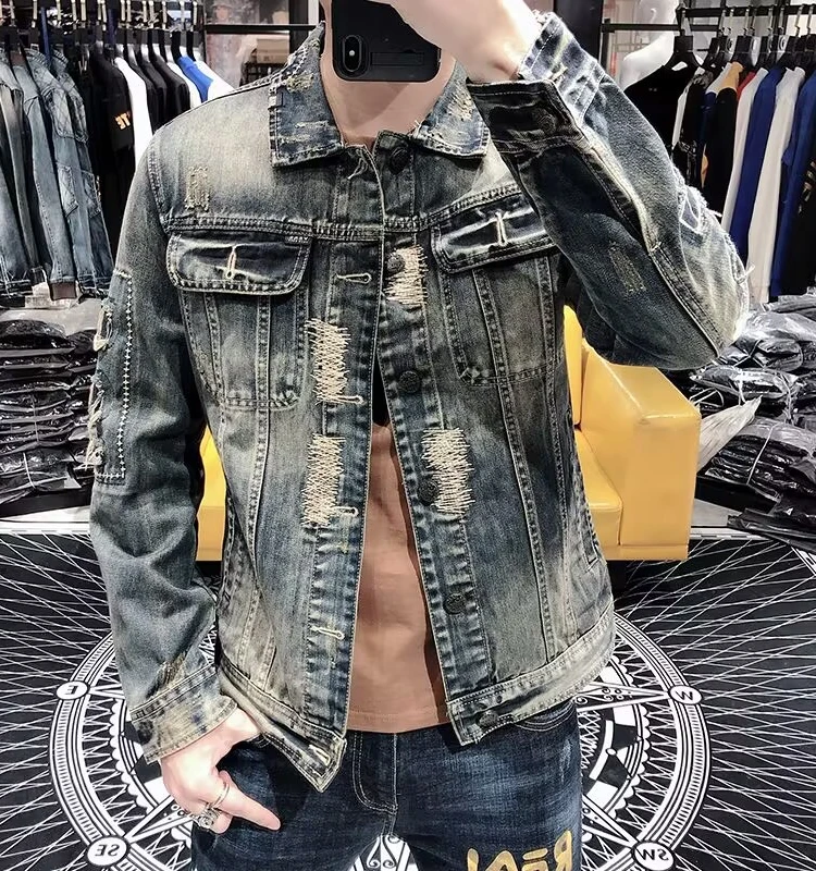 

Винтажные мужские облегающие джинсы в стиле ретро, весенне-осенний мотоциклетный джинт с крутыми отверстиями, новый верхний корпус