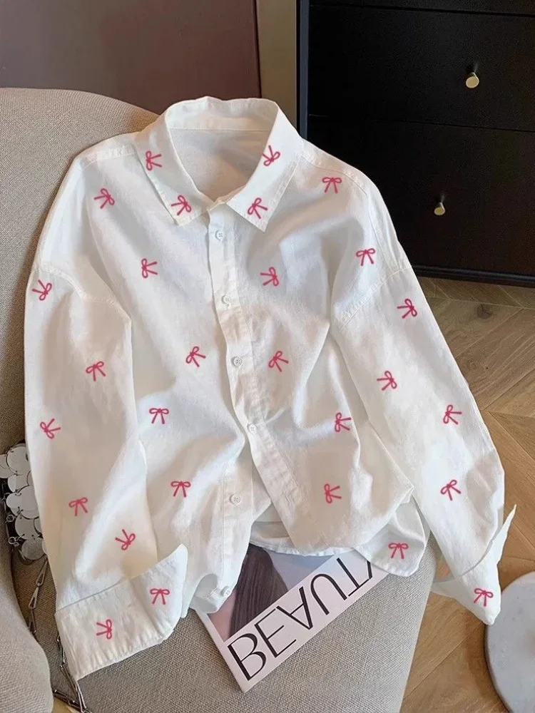

Beach Lovely Pink Bow Full Printed Kawaii Button Up Shirts Long Sleeve Polo Collar Blouse Loose Casual Summer Coats Sweet Women
