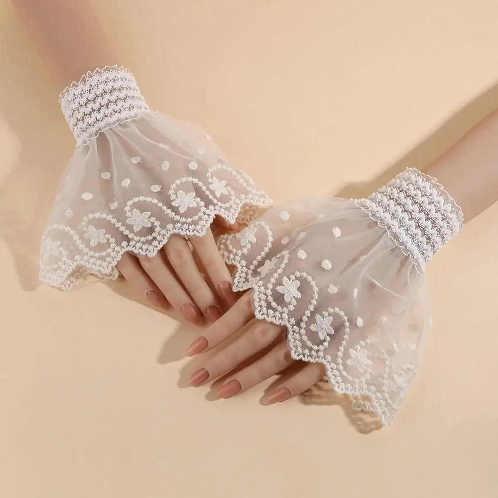 Casual Double Layer Lace Fake Cuffs Flower Polka Dot Horn Cuffs Decoration Elastic Solid Lace Sleeve Women's Daily Wear