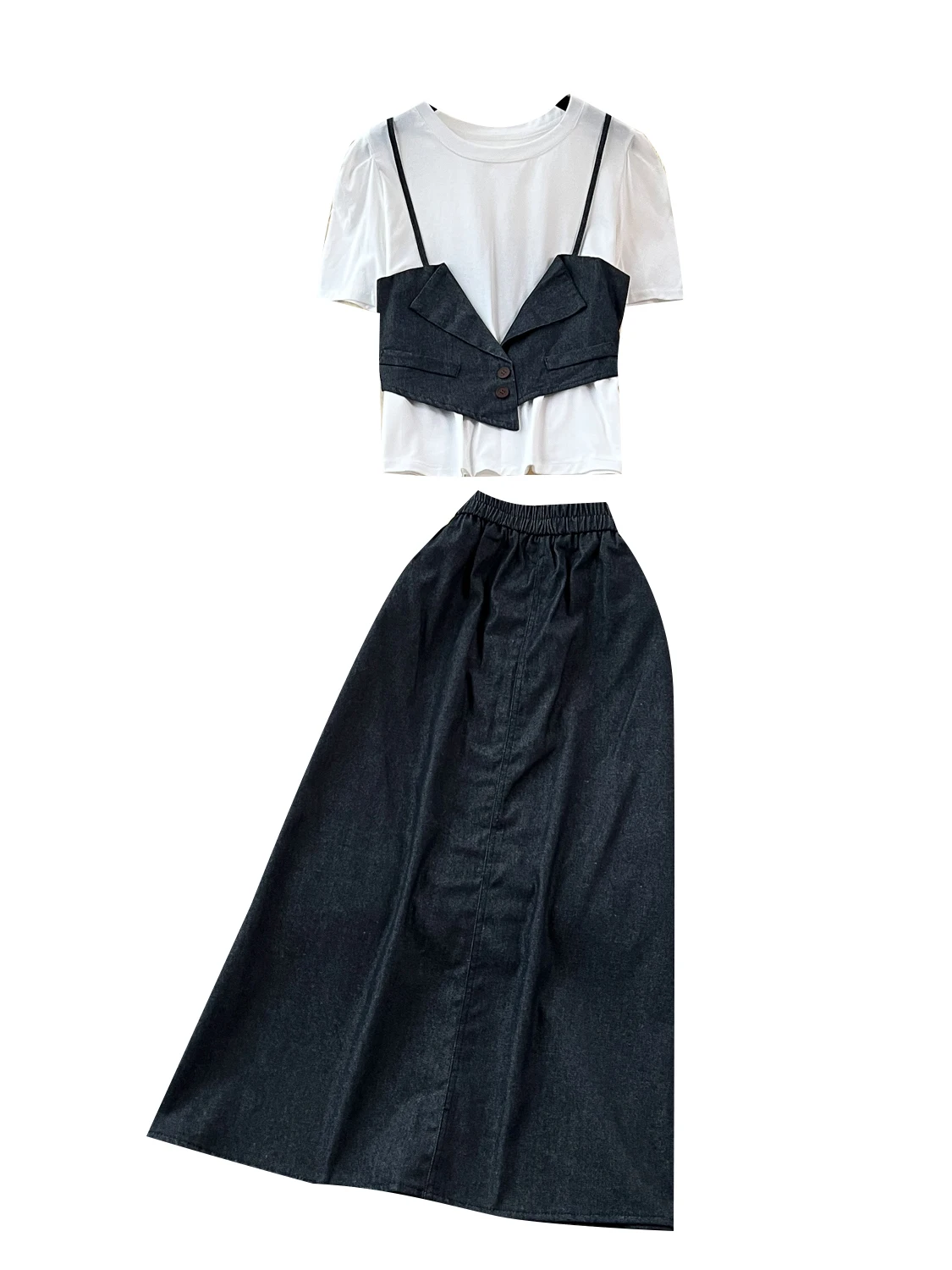 

Faionable Denim Bubble Sve Top And High Waist A-Line Skirt Set Women's Korean Sle Versatile Design Summer Outfit