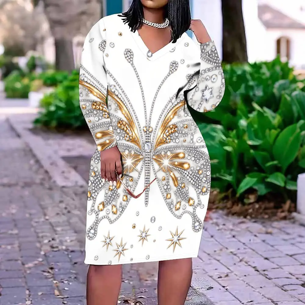 Women Black V Neck Long Sleeve Fitted Dress, Printed with Star and Geometric Dotted Motifs