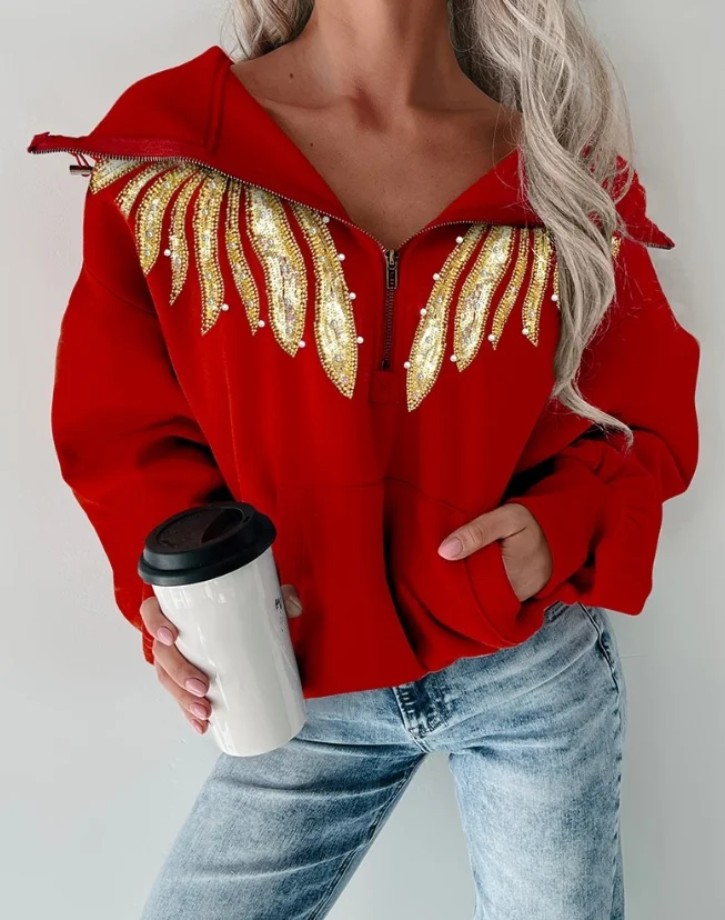 Women Sweater Autumn Fashion Wings Pattern Contrast Sequin Beaded Zipper Design Casual Stand Collar Long Sleeve Daily Sweatshirt