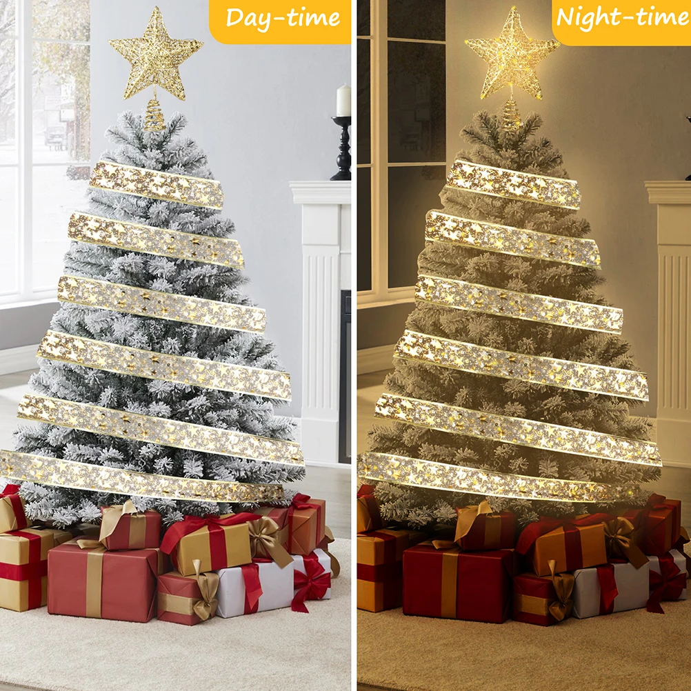 

Lighted Christmas Tree Topper -Pointed Metal Ribbon Decor No Iron Holiday Party Home Large Xmas Treetop