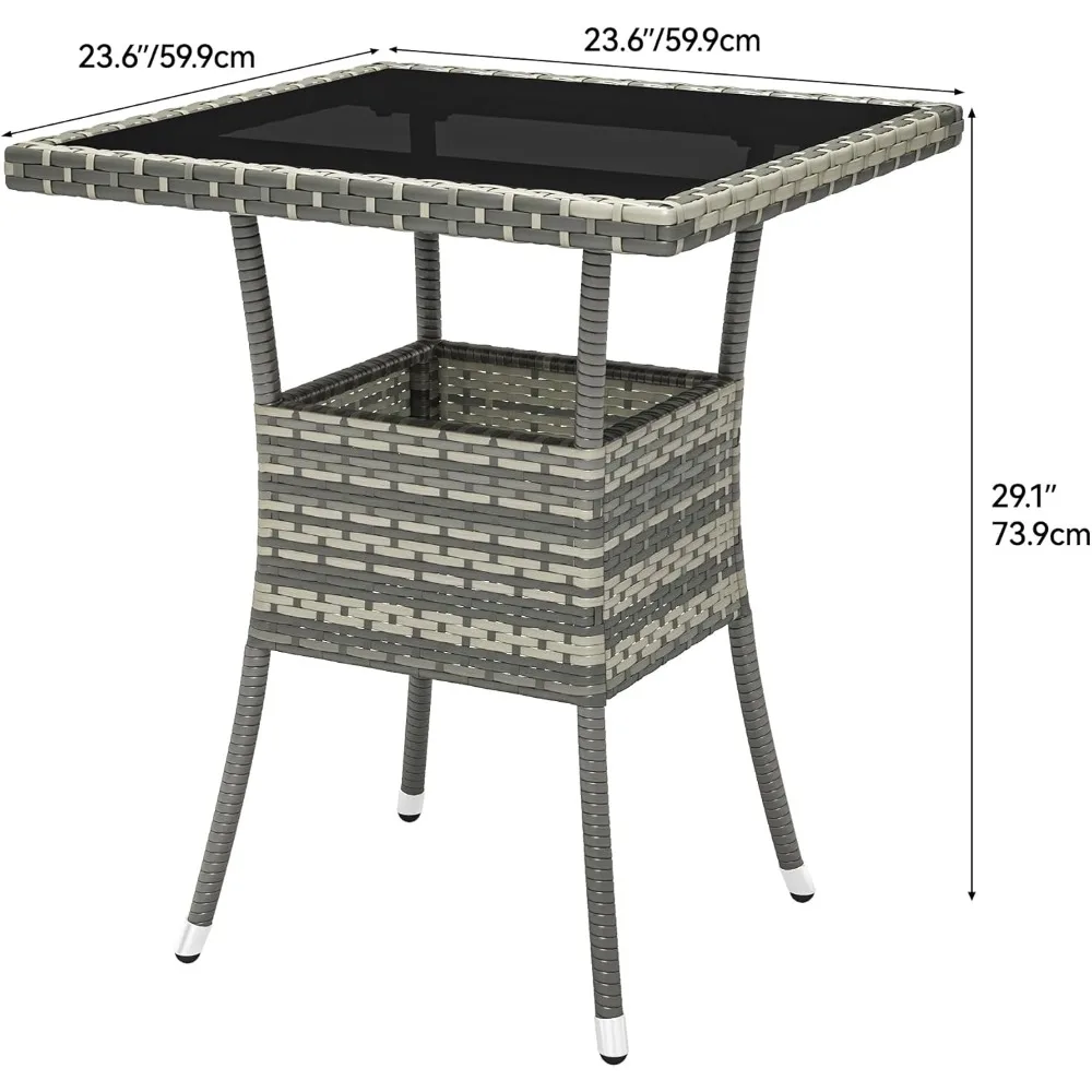 23.6" Patio Table for 4-Person, Outdoor Patio Wicker Square Dining Table, All-Weather Rattan Bistro Dining Table w/Glass Tablet