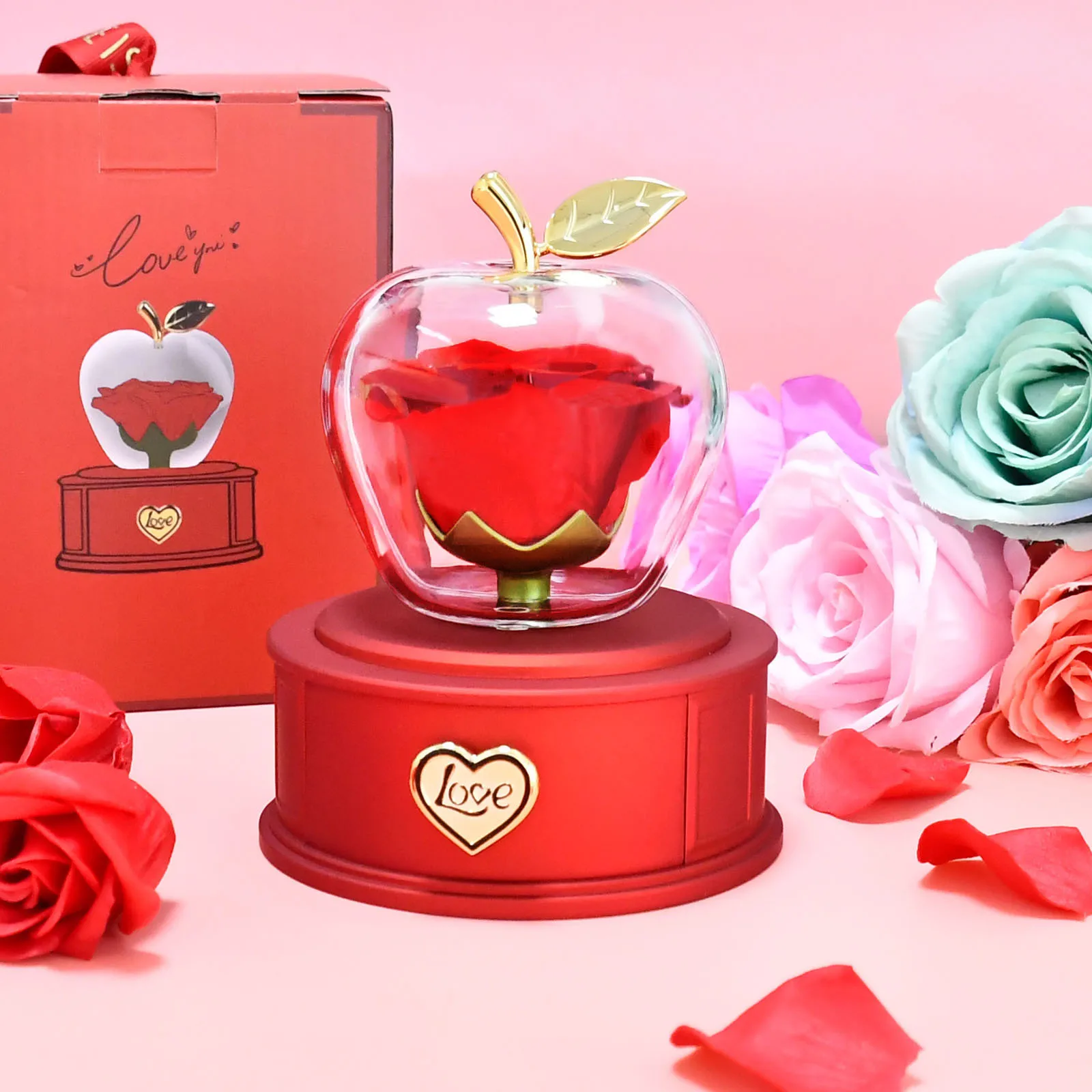 Scatola di vere rose conservata a forma di mela con collana Ti amo, regalo di fiori eterni per sempre amore per il suo compleanno, giorno dell'anniversario