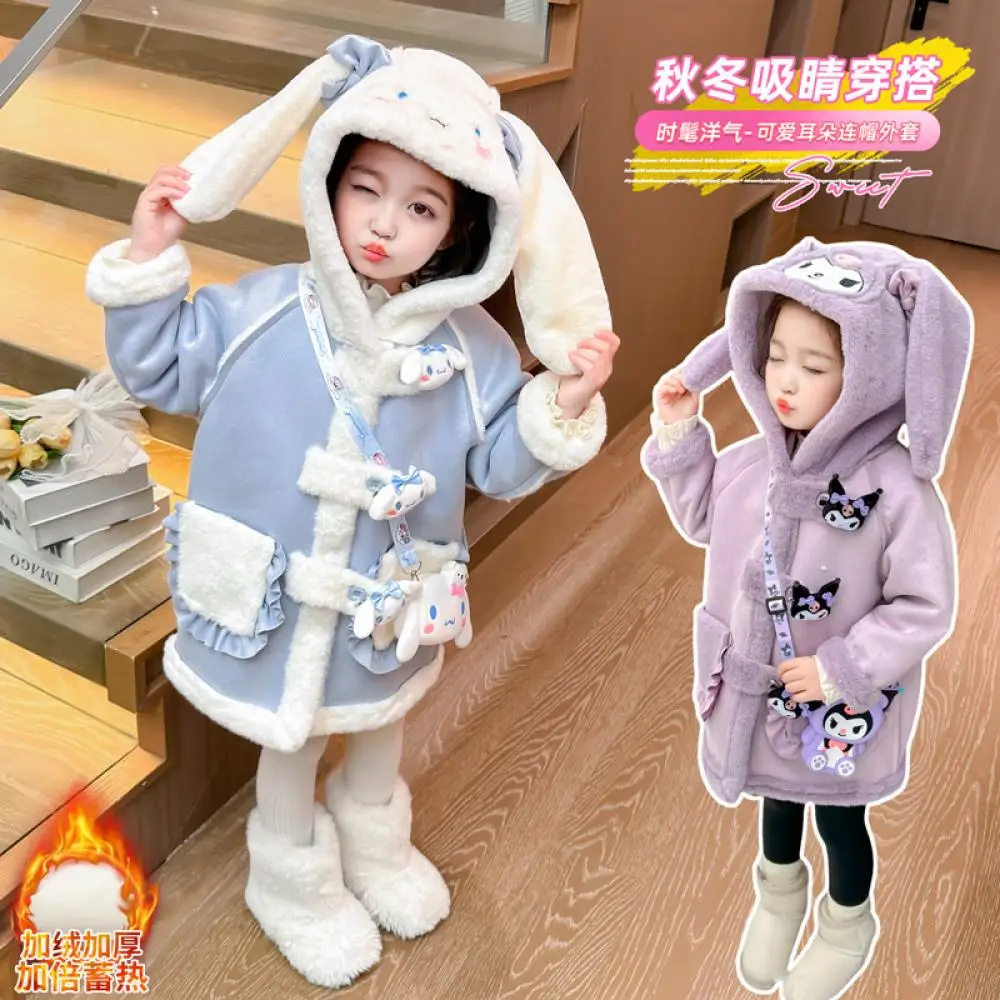 Kawaii Sanrio Kuromi Girls Coat Autumn Winter Style Medium Length Thicken Jacket Cinnamoroll Cartoon Jacket Children's Clothing