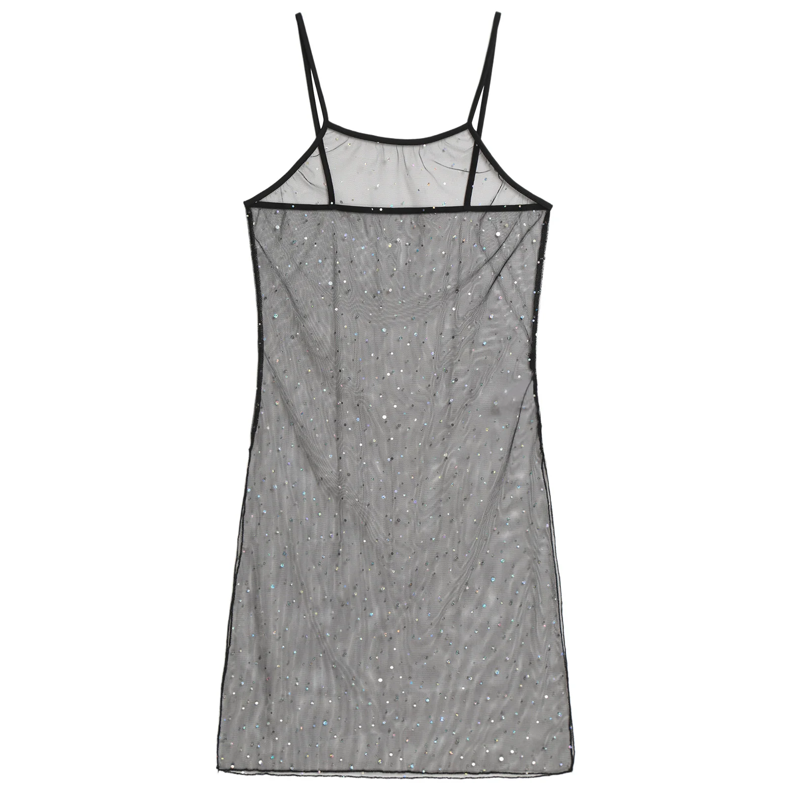 Damen-Kleid mit glänzenden Pailletten, durchsichtig, vertuscht, für Bikini, Badeanzug, durchsichtiges Mesh-Sling-Kleid, seitlich hoch geschlitztes Midikleid