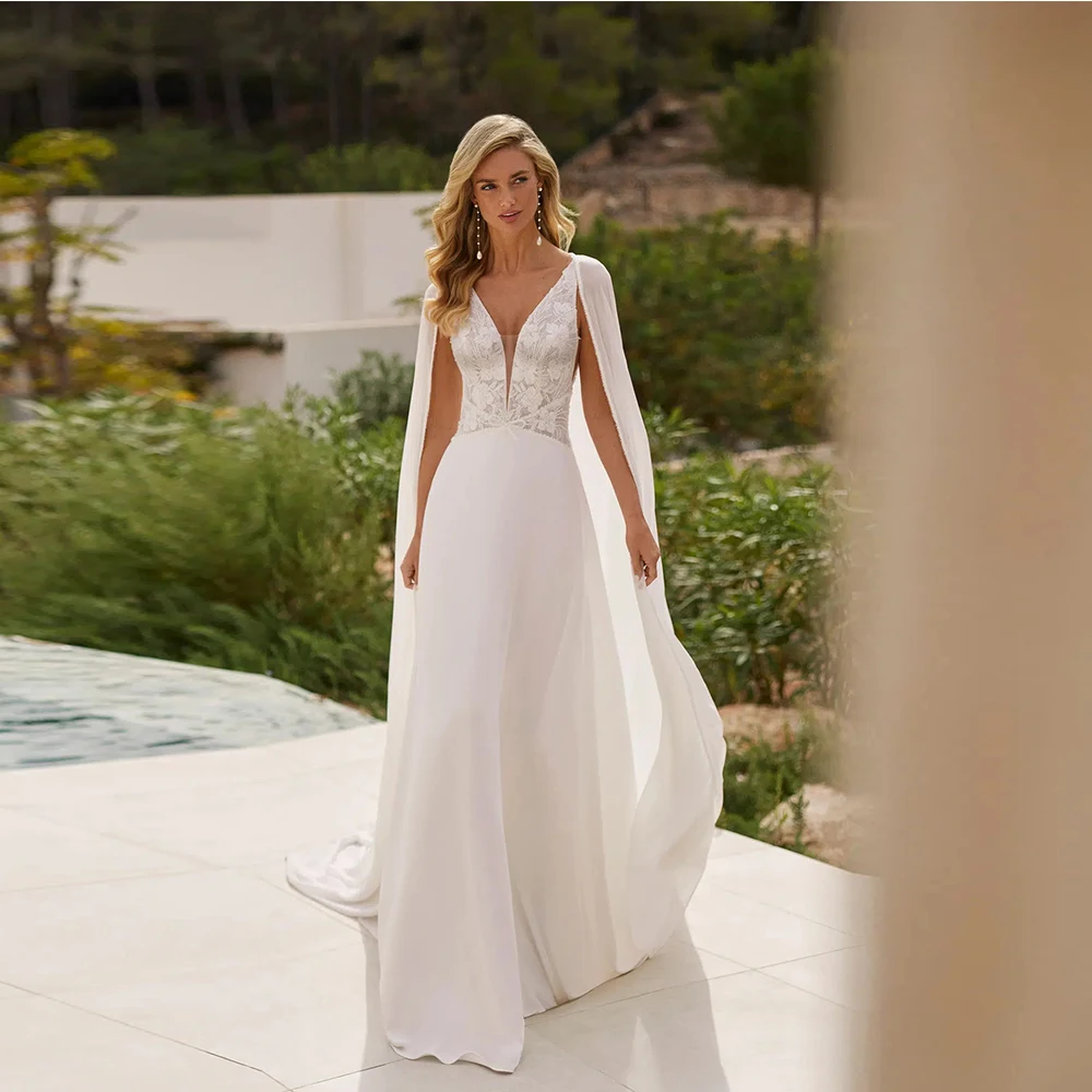 

Customized Sexy Mermaid Wedding Dress with Shawl Customized Charming Lace V Neck Open Back Boho Bridal Dresses Crape Appliques