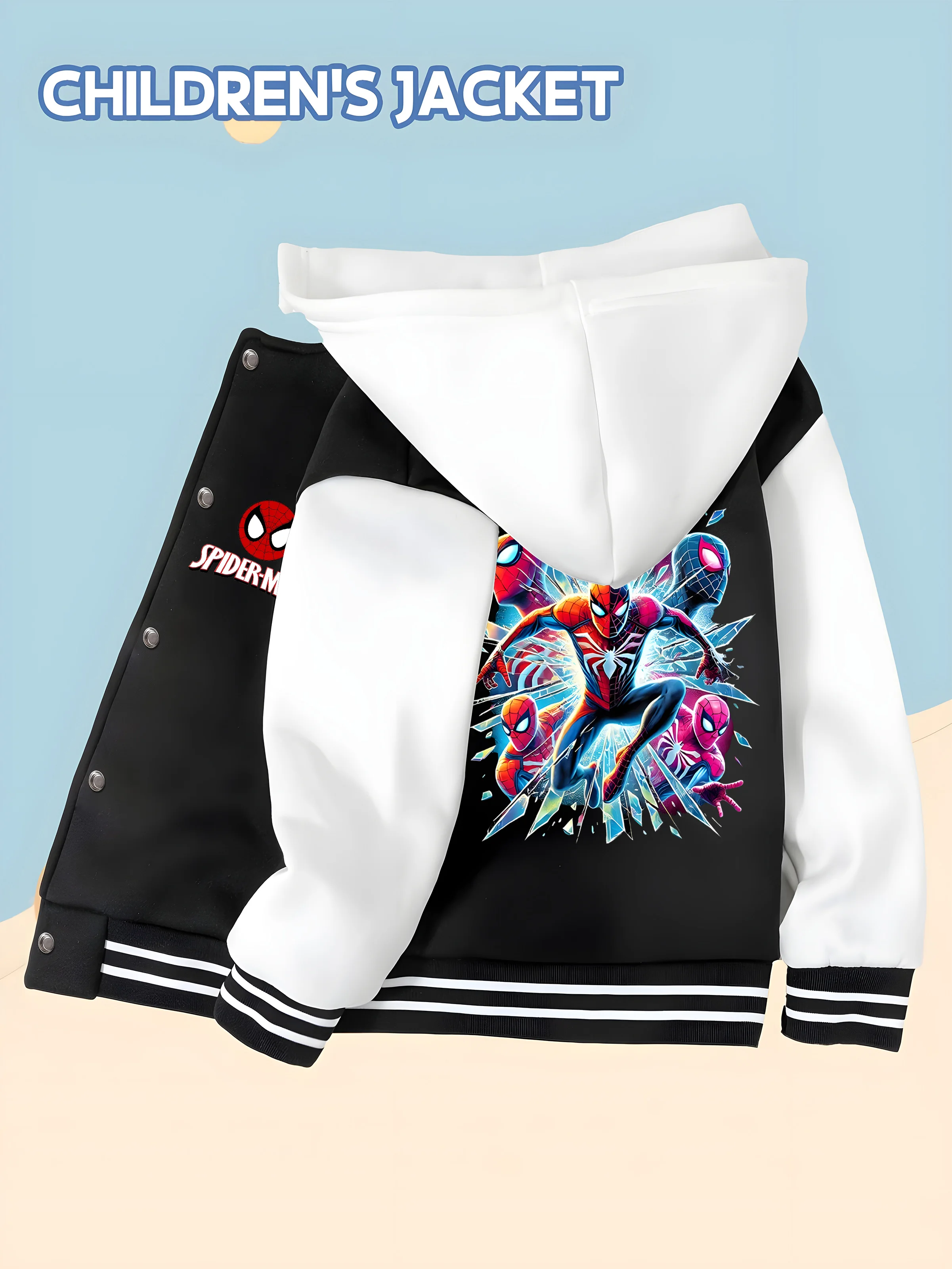 

MINISO Venom & Spider-Man children's baseball jacket with cool prints, black and white contrast, fashionable and childlike, comf