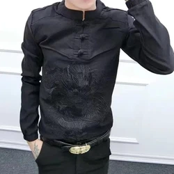 Spring Autumn New Fashion Round Neck Frog Long Sleeve Blouse Men's Clothing Chinese Style Embroidery Vintage Loose Trend Tops