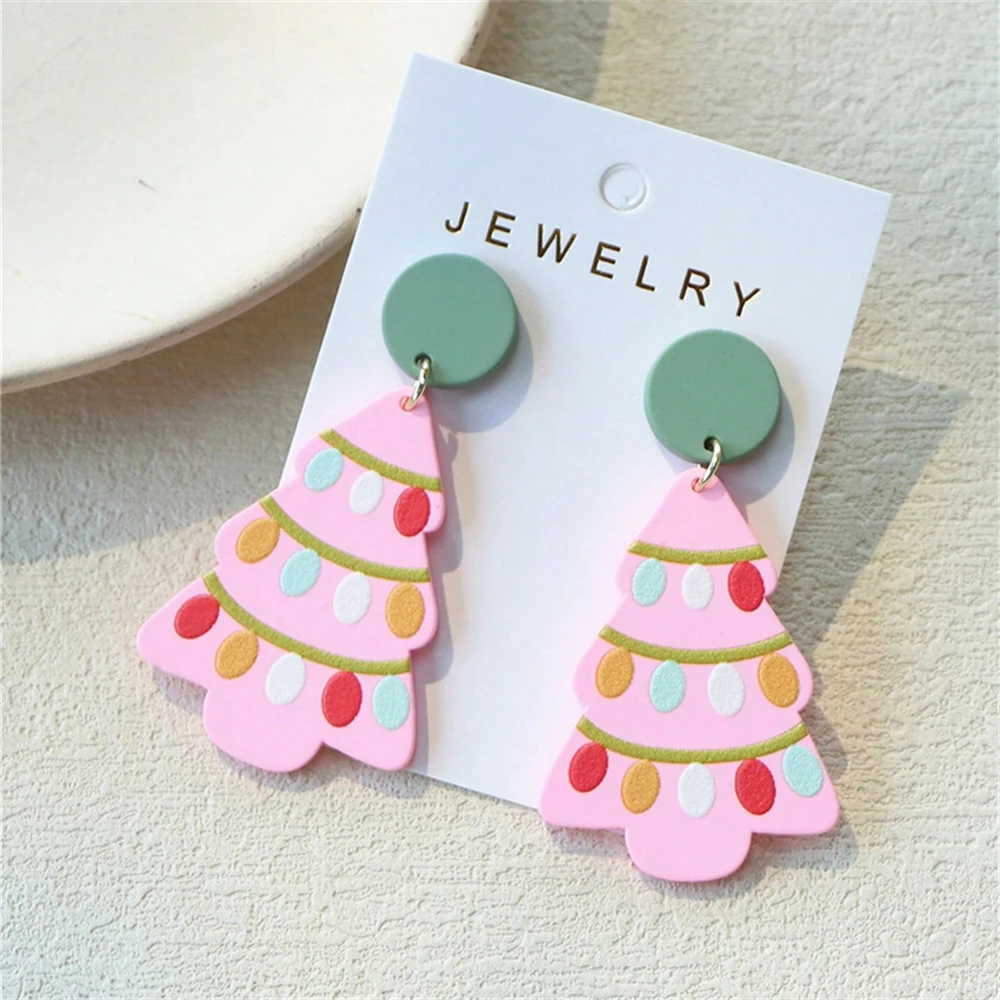 Cute Pink Christmas Tree Drop Earring Cute Acrylic Resin Pendant Ear Hook for Women Girls Fashion Festival New Year Jewelry Gift