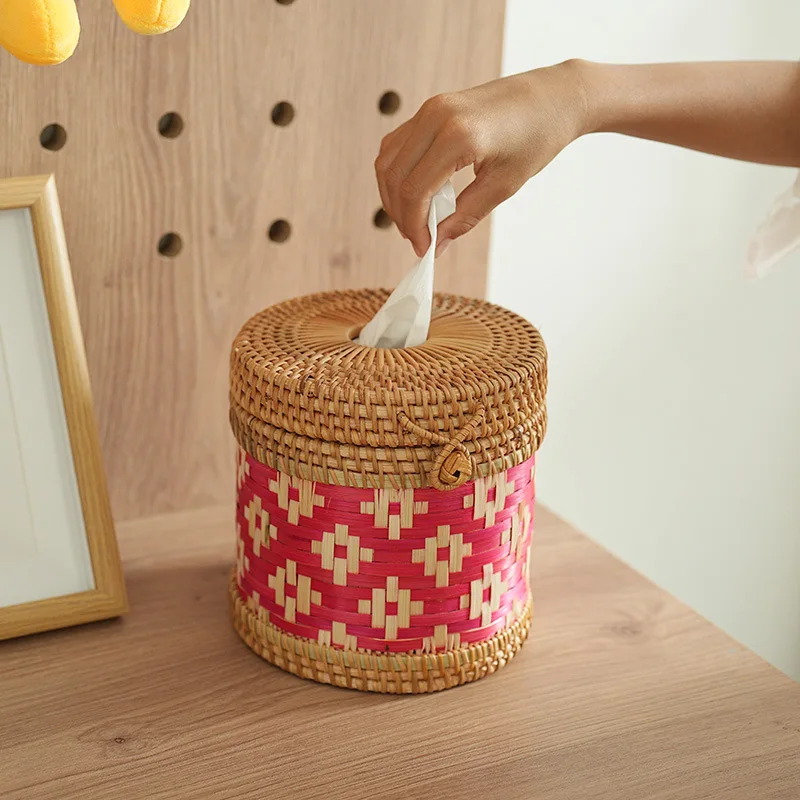 

Китайский ручной работы из ротанга, этнический винтажный креативный держатель для салфеток, деревянный круглый органайзер для хранения салфеток для лица для гостиной