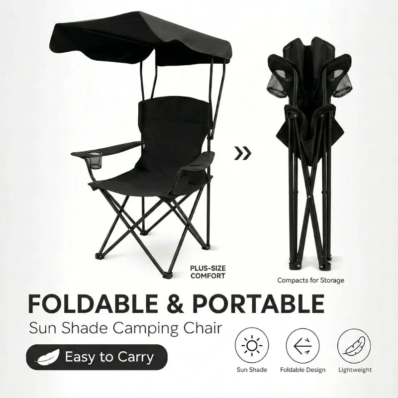 Outdoor Camping Chair With Awning, Foldable And Portable, Equipped With Armrests, Cup Holder And Carrying Bag, Portable Lounge Chair, Suitable For Camping, Beach, Fishing, Picnics And Other Outdoor Activities. Category: Outdoor Chairs
