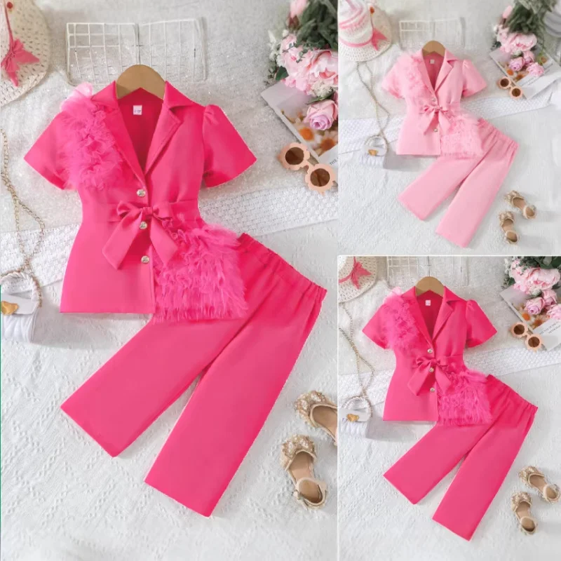 New Summer Girls' Suit Set Rose red mesh patchwork short-sleeved blazer with wide-leg pants