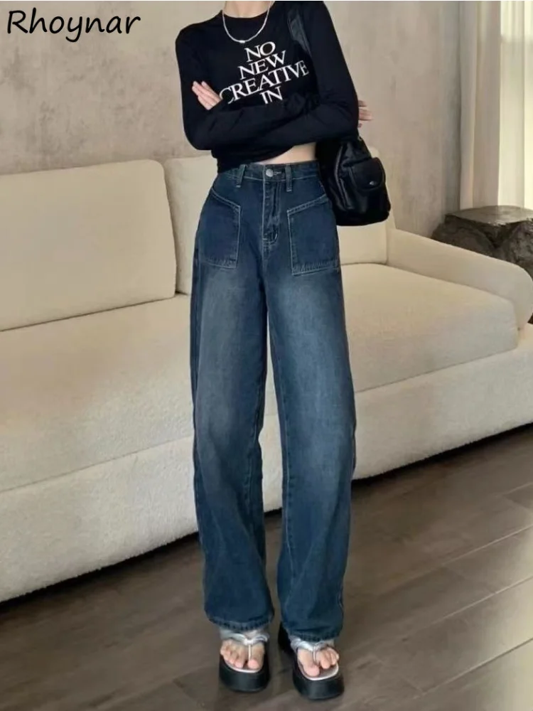 

Jeans Women Full Length Minimalist Spring Retro Pockets Design Vintage Solid All-match Ulzzang Straight Street Denim High Waist