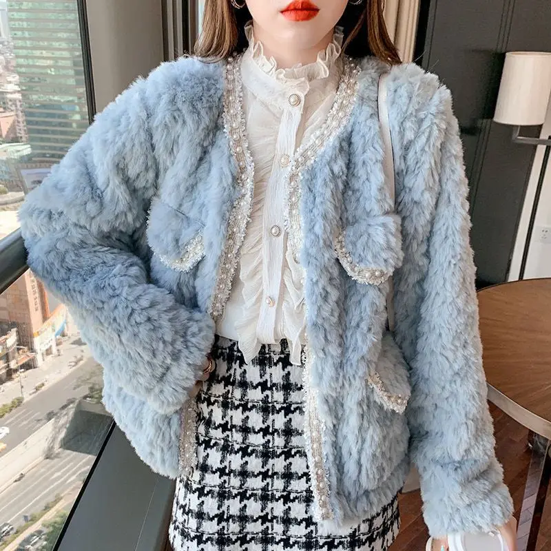 

Korean Chic Lambwool Coat Women Autumn Winter Thicken Warm Fluffy Jacket Woman Elegant Round Neck Faux Fur Outwear Female C57