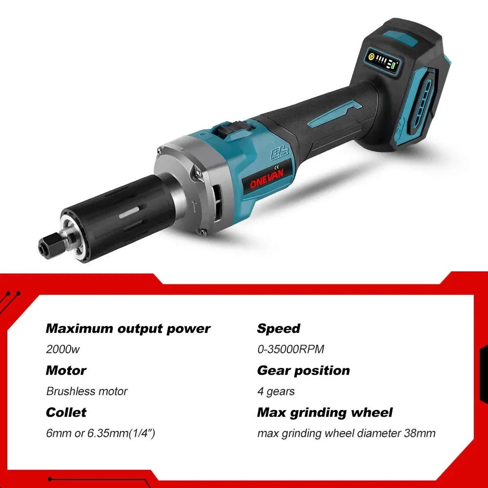 ONEVAN 35000RPM Brushless Electric Die Grinder 6mm 2000W Cordless Variable Speed Rotary Tools For Makita 18v Battery