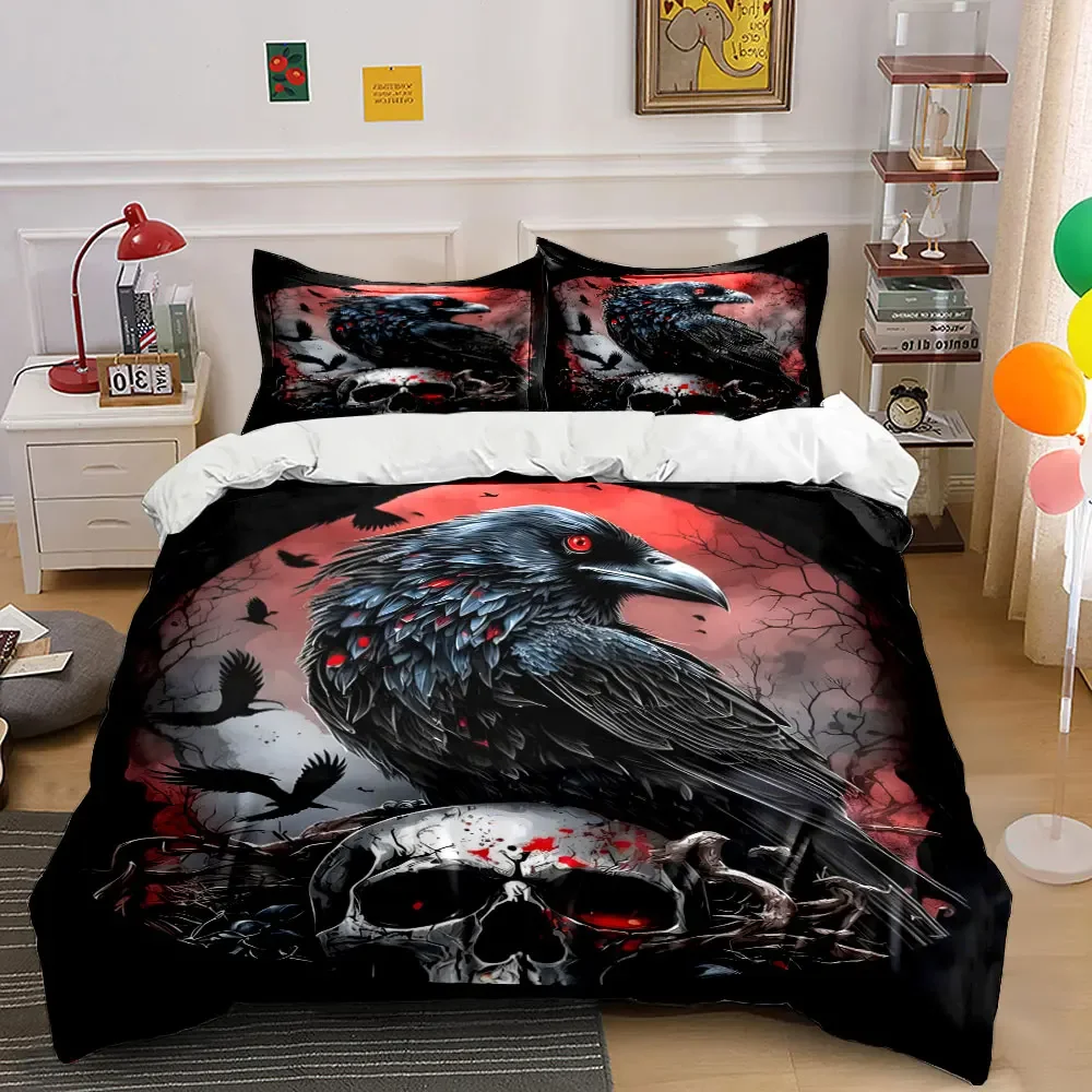 Black raven with crimson background Print Bedding Set 1 Duvet Cover 2 Pillowcases for Adult and Children Luxury Gift Full Size