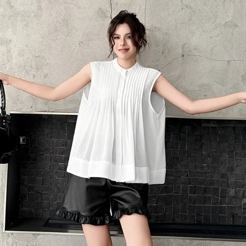 HKSH Women Shirt Elegant Fashion Pleated Single Breasted Sleeveless Stylish High Street Solid Color Casual Blouse Summer HK23685