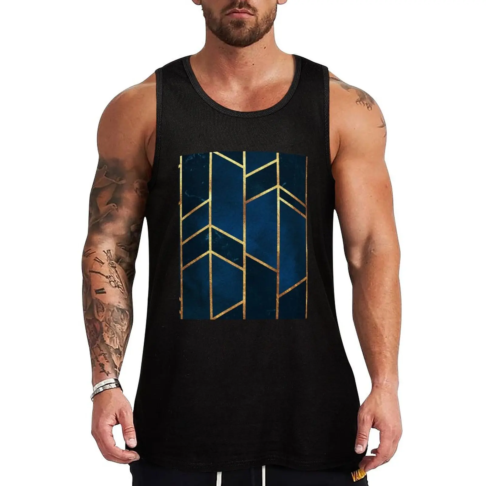 

Navy Gold Stone Geometric Tank Top Relaxed Casual Tank Top Lightweight Summer Sleeveless