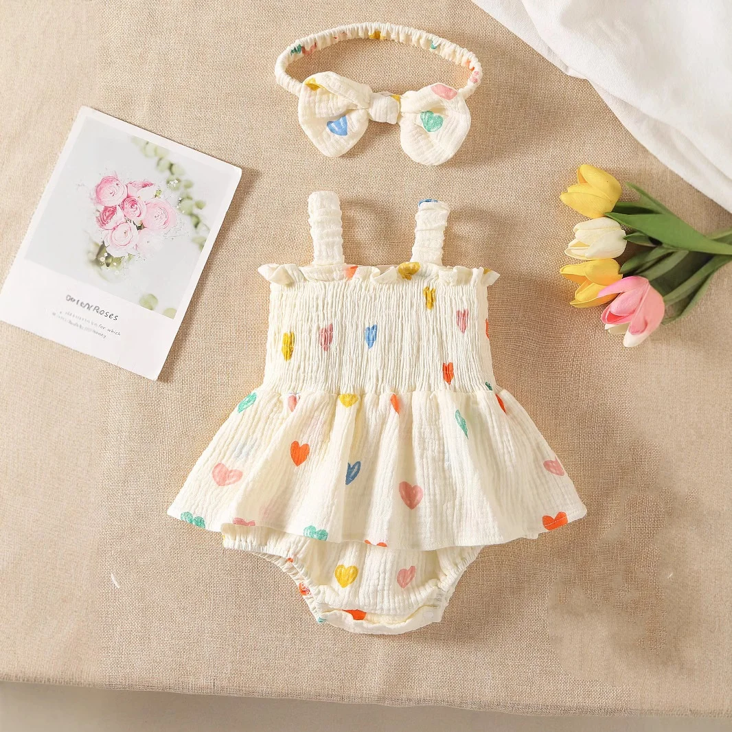 3M-2T Summer Newborn Baby Girl Clothing Suit Heart Print Infant Girls Bodysuits Yellow Hat Set for Newborns Jumpsuit Skirts