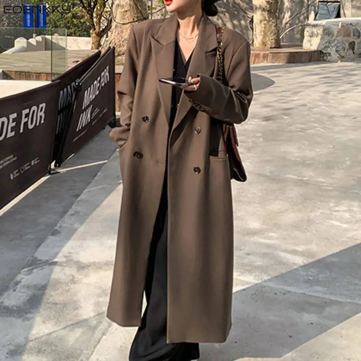 

EOENKKY Solid-color Double-breasted Stylish Design - 2025 Spring New Style Women's High-quality Long Loose-fitting Coat