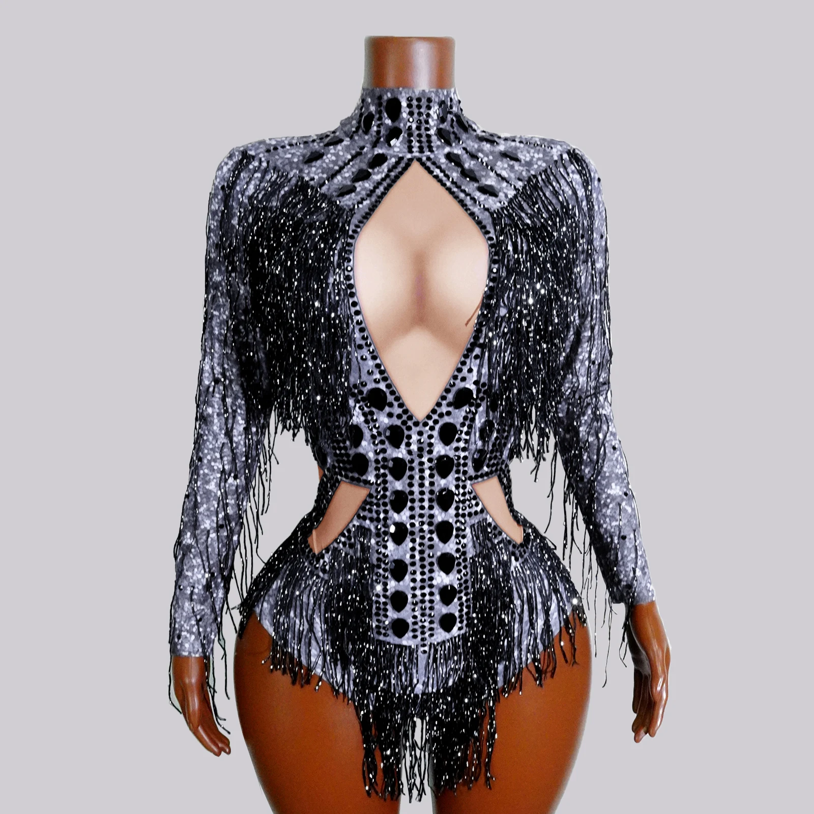 

Glitter Black Crystal Fringe Bodysuit Long Sleeve Sexy Dance Costumes Woman Drag Queens Wear Nightclub Bar Dj Celebrate Festival