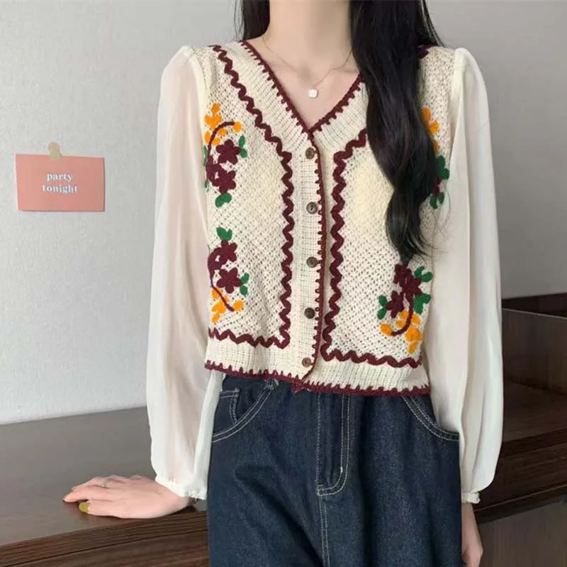 Boring Honey Summer V-neck Chiffon Cardigan for Women French Outerwear Embroidered Hollow Out Jacket Fashion Long Sleeve Top