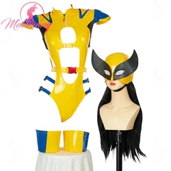 MOBBUNNY Women's Lingerie Set Cosplay Costume for Women Bodycon Outfit Cutout Bodysuit with Gloves Mask For Halloween