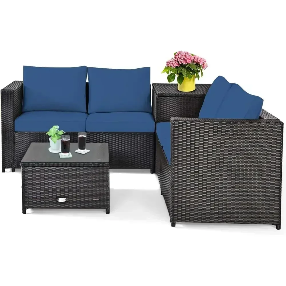 4-Piece Outdoor Wicker Patio Furniture Set with Storage and Tempered Glass Table