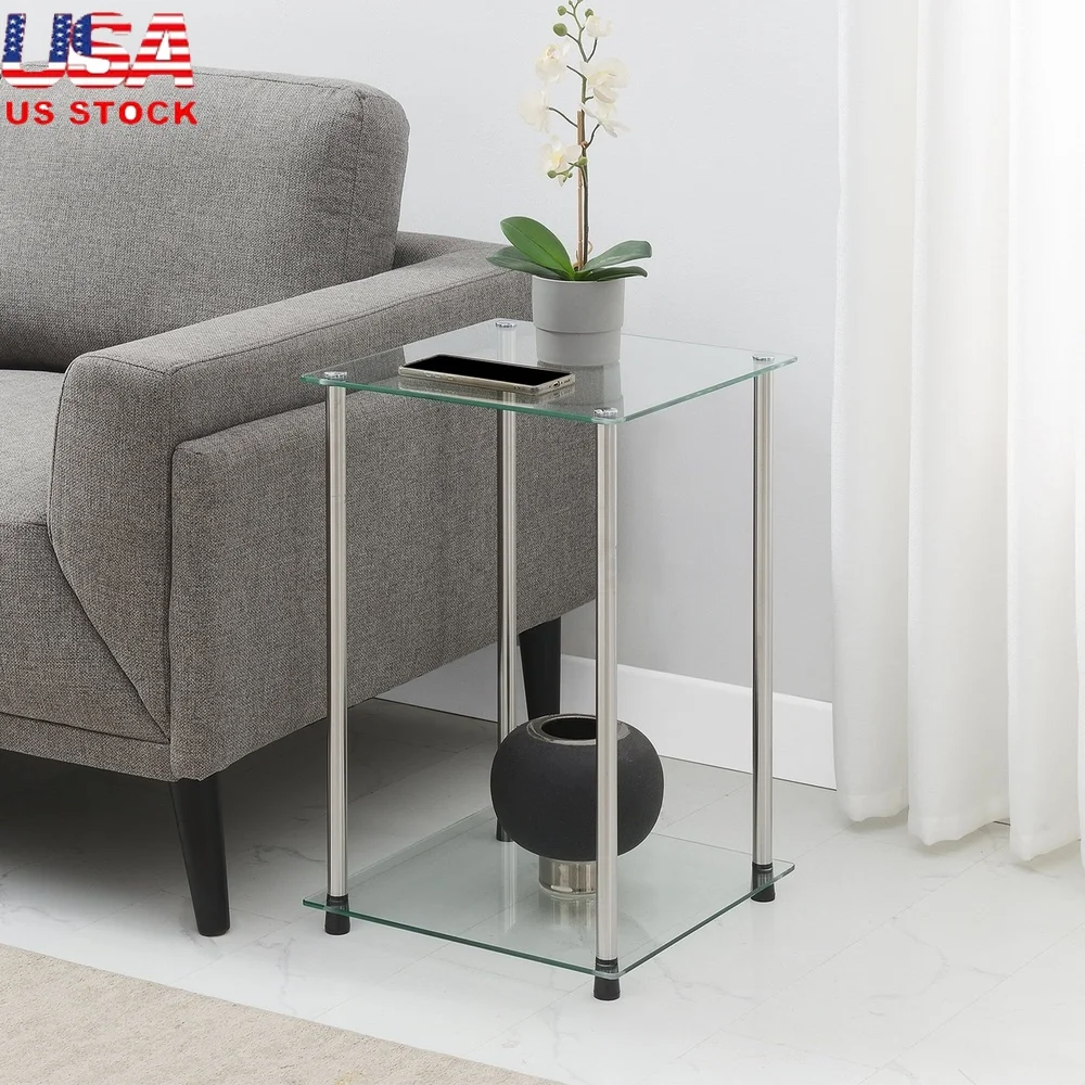 

Classic Glass End Table 2 Tier Storage Square Stainless Steel Legs Easy Assembly Indoor Home Decor Modern Furniture