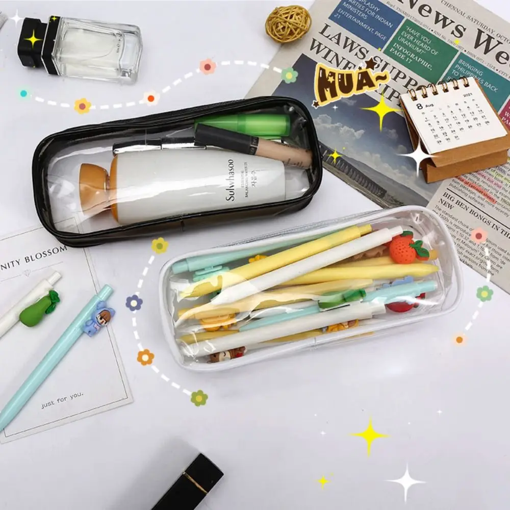 Compact Durable School Stationery Bag Waterproof Lightweight PVC Pencil Case Transparent Visible Storage Box Student