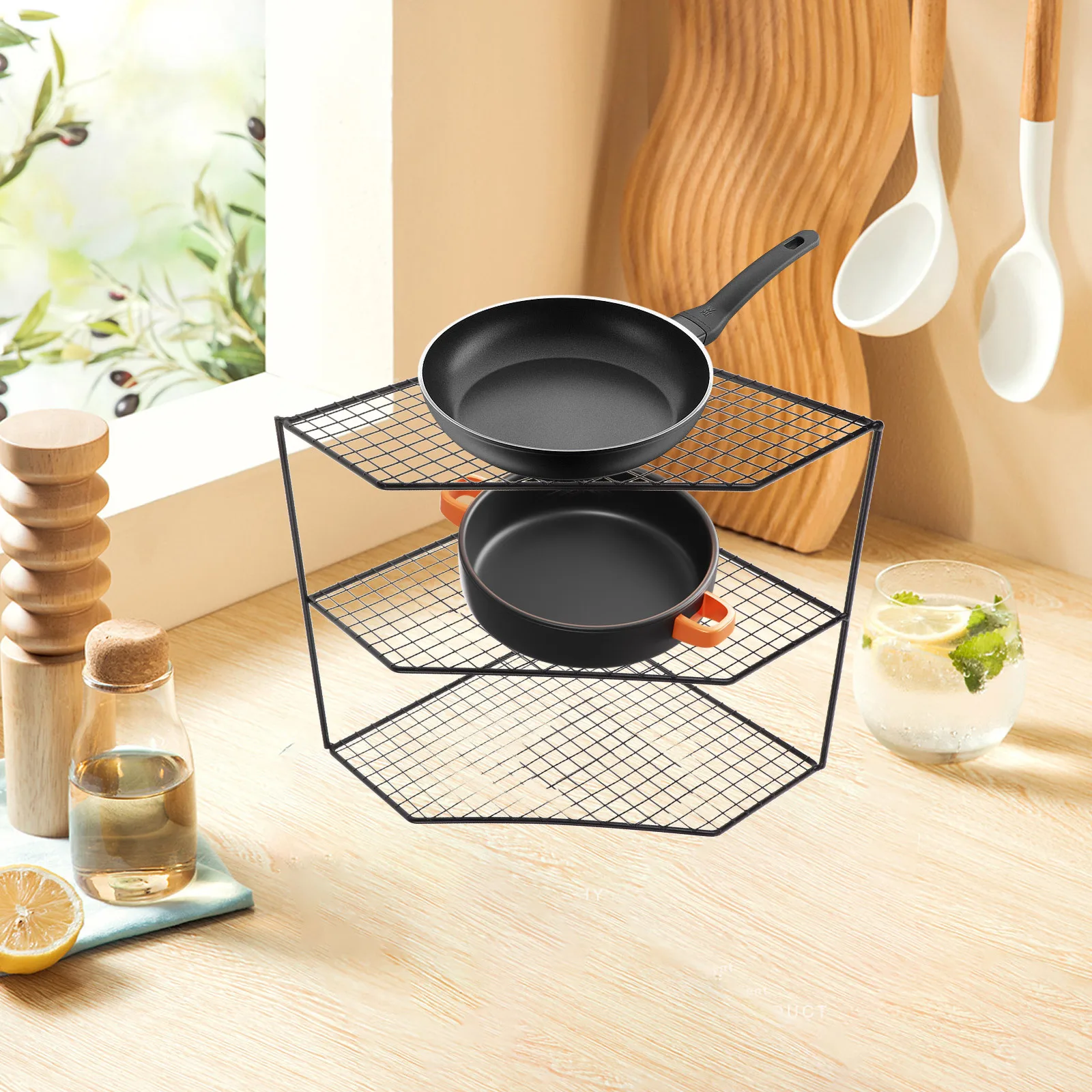 3-Tier Pot Storage Rack Kitchen Organizer Countertop Pan Holder For Pots Steam Pot Multi-Function Tiered Shelf Sink Rack