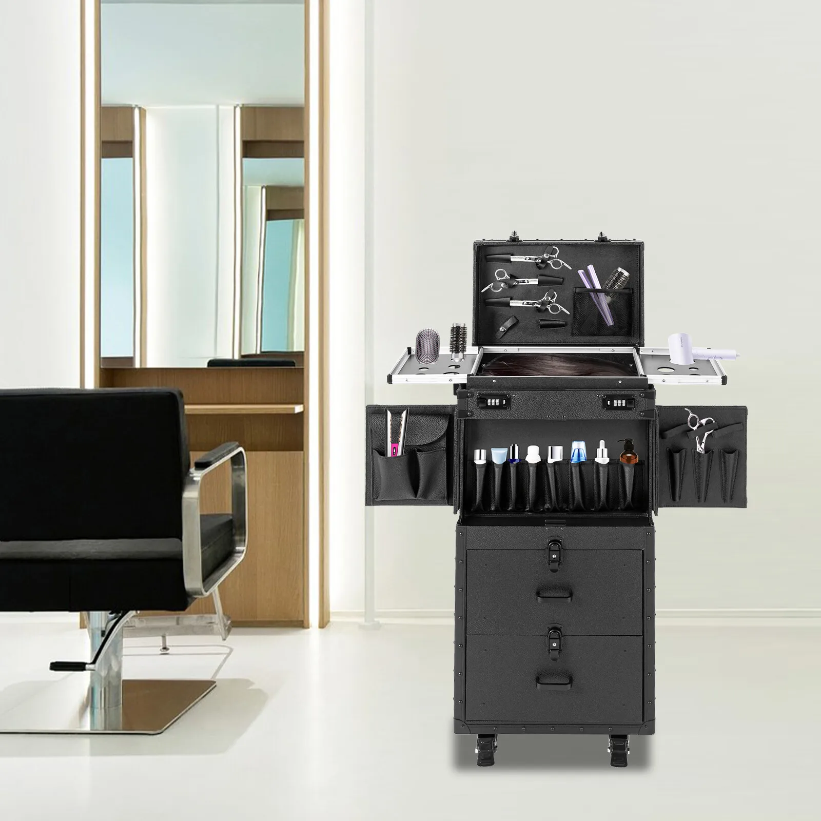 

Floor Standing Rolling Makeup Case Cosmetic Trolley Makeup Storage Organizer Box