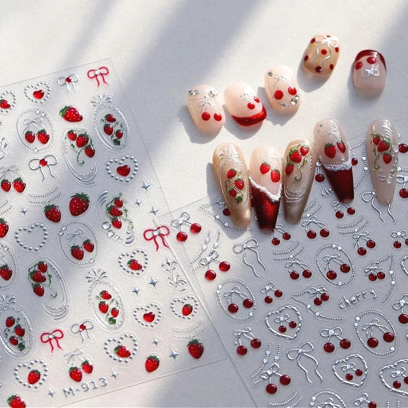 

Red 3D Jelly Cherry Strawberry Silver Stamped Bowknot Love Heart Self Adhesive Nail Art Stickers Lovely Fruits Manicure Decals