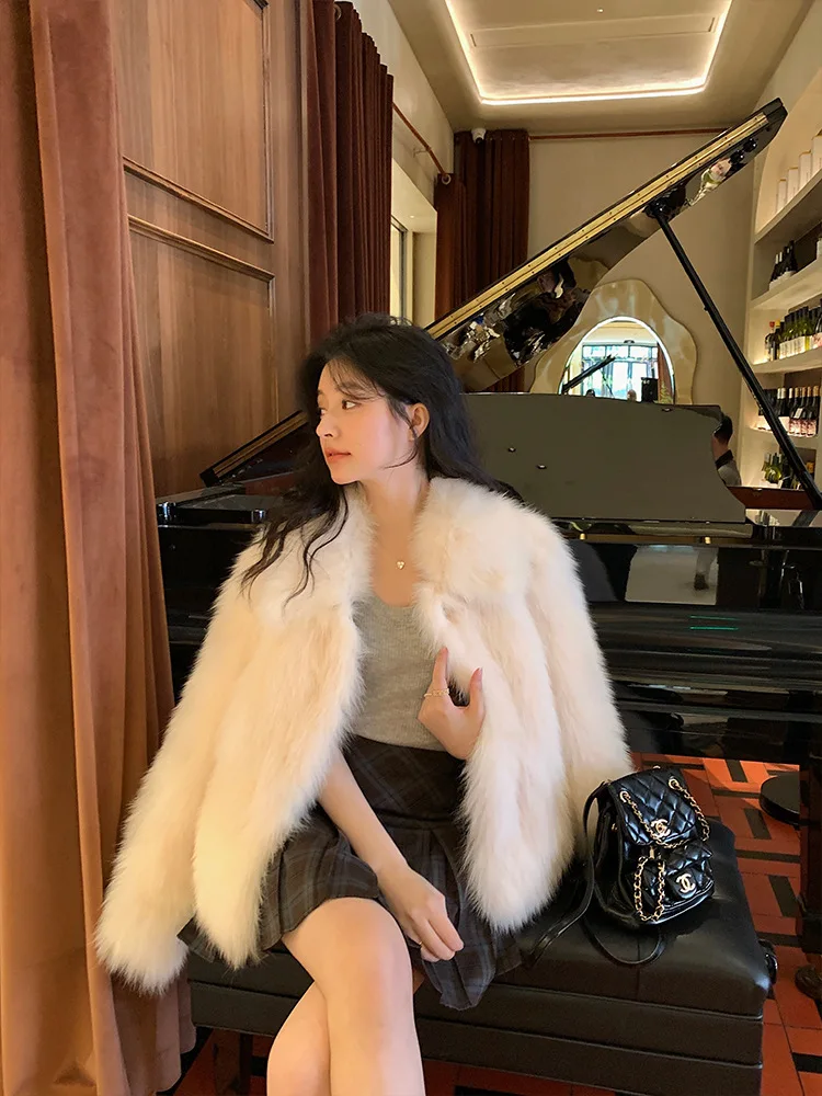 Women Faux Fox Fur Coats Solid Short Jackets Long Sleeves Turn Down Collar Open Stitch Loose Elegant Casual 2026 Autumn Winter