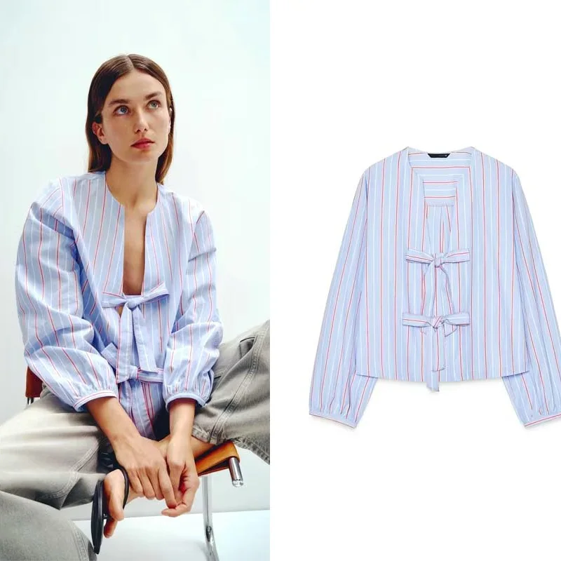 

PRINTKAOIR Striped Shirts & Blouses Women's Shirt Spring 2025 Cropped Oversized Long Sleeve T-Shirt Elegant Bow Lace-Up Tops