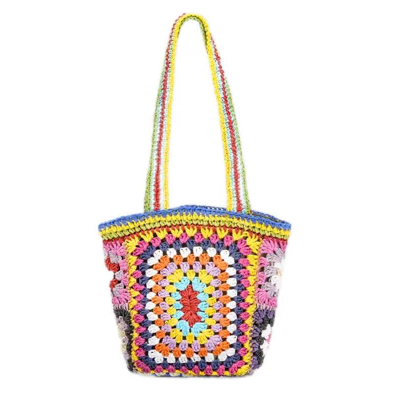 Borsa a tracolla in paglia della boemia per donna borsa a mano grande all\'uncinetto in carta moda borsa a mano cava da donna estate Color arcobaleno