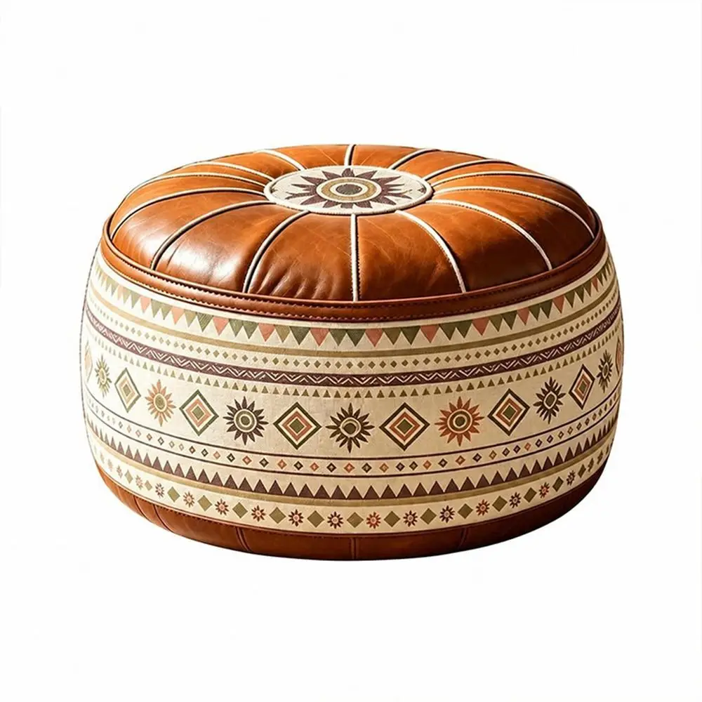 PU Leather Fillable Ottoman Pouf Round Shape Moroccan Style Storage Ottoman Embroidered Pattern Floor Seat Cushion Living Room