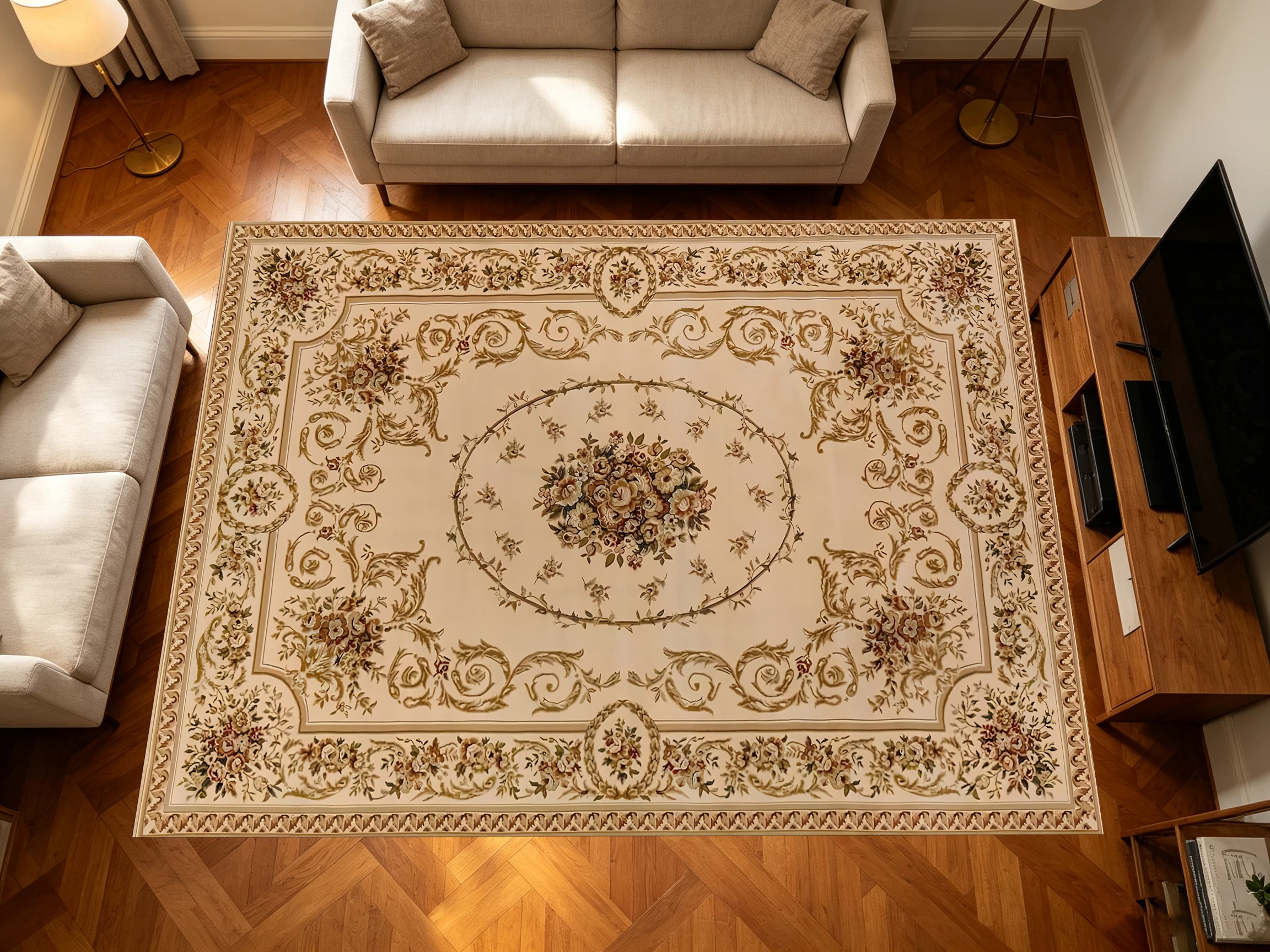 2D Carpet, Classic Floral Cluster Scroll Pattern, European Retro Style, Suitable for Living Room, Bedroom, and Coffee Table