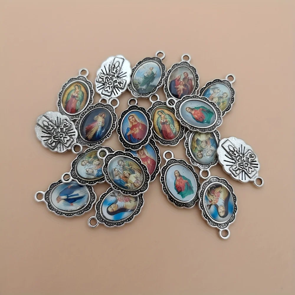 15Pcs Mix Picture Cross Jesus Enamel Our Lady Virgin Mary Miraculous Medal Floral Rosary Centerpiece Alloy Crucifix  A-567