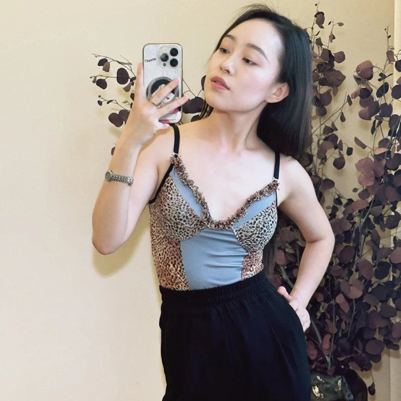 Adults Ballroom Dance Training Suits Sleeveless Leopard Top Modern Dancing Pants For Women Latin Dance Competition Wear SL13628