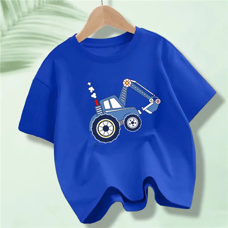 Kids Cartoon Excavator Print T-Shirt Short Sleeve Summer Birthday Party Shirts for Boy & Girl Children's Gift Tees