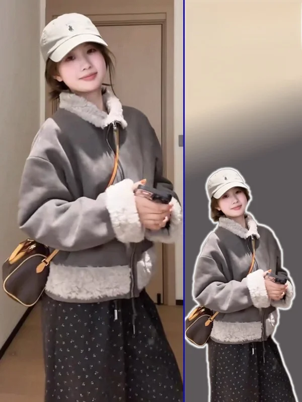 

Ретро-пальто с воротником-стойкой, универсальная верхняя одежда для женщин больших размеров, теплая, стройнящая, с длинными рукавами, в французском стиле, свободного кроя, короткое пальто