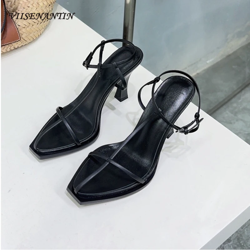 High Heel Women Sandal Small Square Toe Thin Heel T Strap Summer Shoe Narrow Band Design Buckle Roman Simple Style Sandals Women