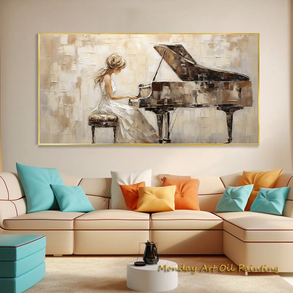 Elegant Lady Piano Music Hand Painted Oil Painting Aesthetic White Dress Abstract Artist Art Textured Beige Fedex Shipping Cost